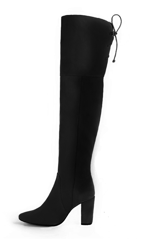 Matt black women's leather thigh-high boots. Round toe. High block heels. Made to measure. Profile view - Florence KOOIJMAN